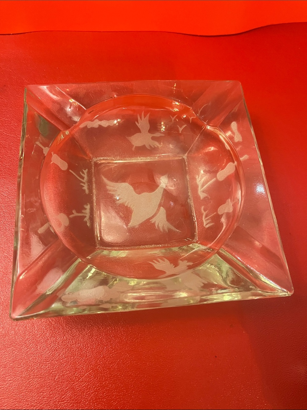 Etched Glass Bird Square Ashtray / Trinket Dish - Clear 5”7/8 W 1”3/4 H